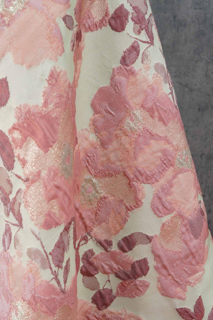 Pink Floral Jacquard Fabric, Oil Painting Style Embossed Flower Textile, Gold Metallic Woven Fabric, Vintage Dress Home Decor Material, 54"
