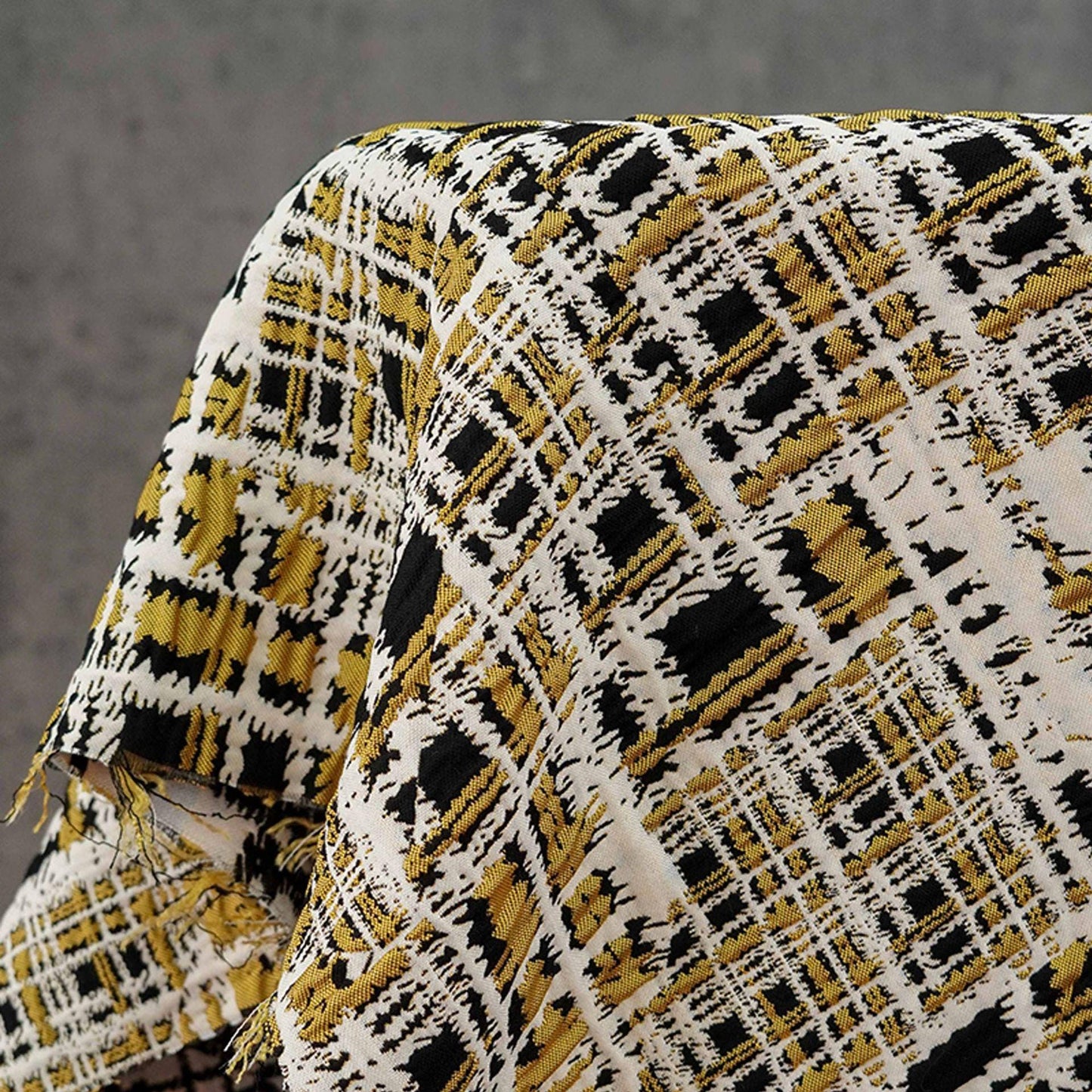 Vintage Chanel Style Jacquard Fabric, 3D Embossed Tweed Check Textile, Black Gold White Woven Fabric, Luxury Fashion Upholstery Material