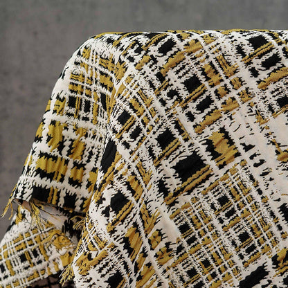 Vintage Chanel Style Jacquard Fabric, 3D Embossed Tweed Check Textile, Black Gold White Woven Fabric, Luxury Fashion Upholstery Material