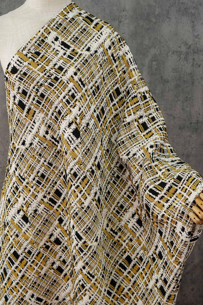 Vintage Chanel Style Jacquard Fabric, 3D Embossed Tweed Check Textile, Black Gold White Woven Fabric, Luxury Fashion Upholstery Material