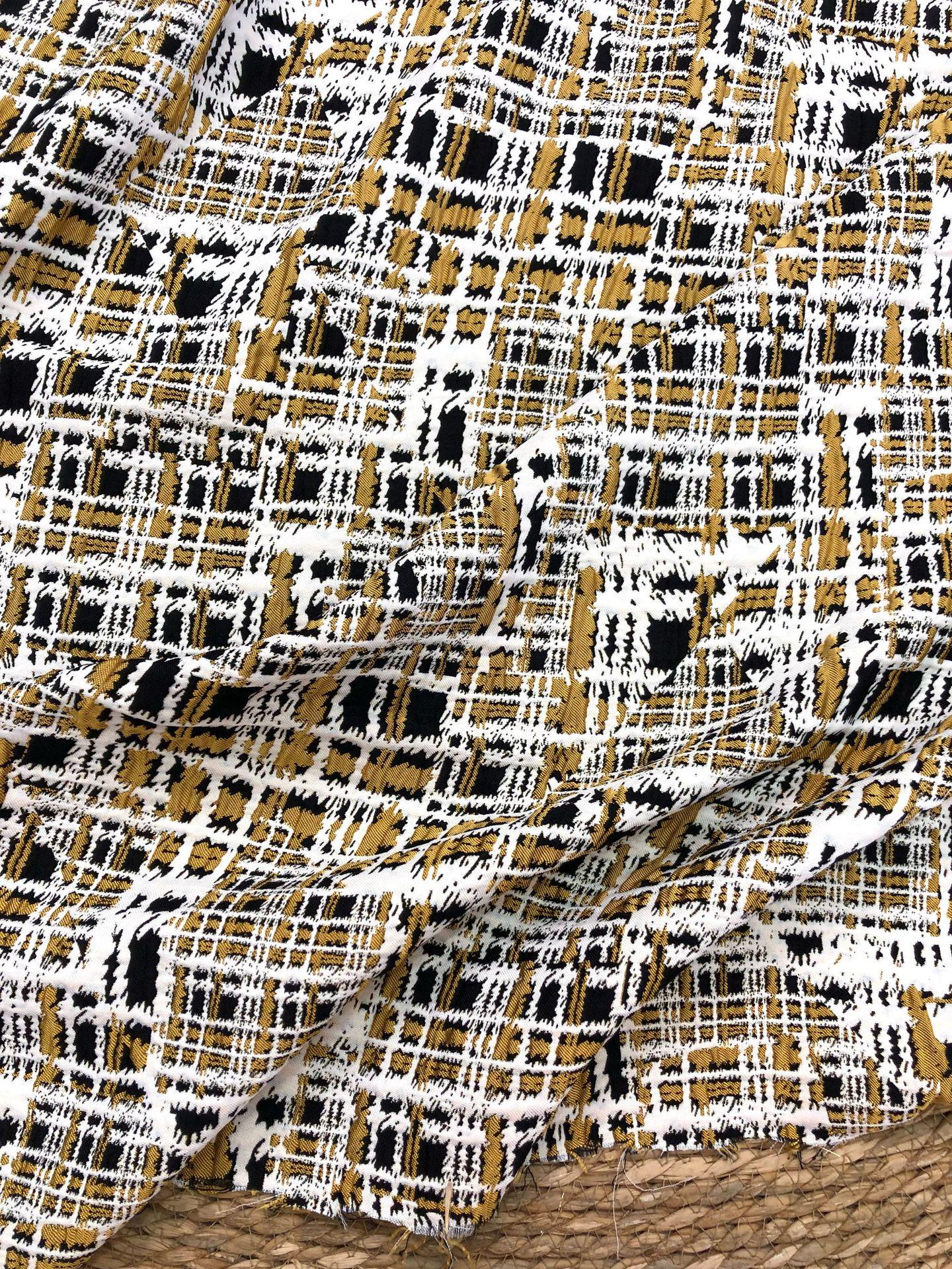 Vintage Chanel Style Jacquard Fabric, 3D Embossed Tweed Check Textile, Black Gold White Woven Fabric, Luxury Fashion Upholstery Material