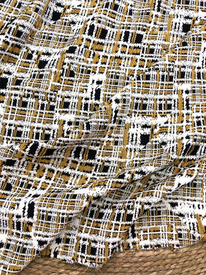 Vintage Chanel Style Jacquard Fabric, 3D Embossed Tweed Check Textile, Black Gold White Woven Fabric, Luxury Fashion Upholstery Material