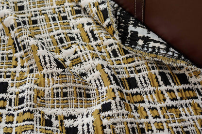 Vintage Chanel Style Jacquard Fabric, 3D Embossed Tweed Check Textile, Black Gold White Woven Fabric, Luxury Fashion Upholstery Material