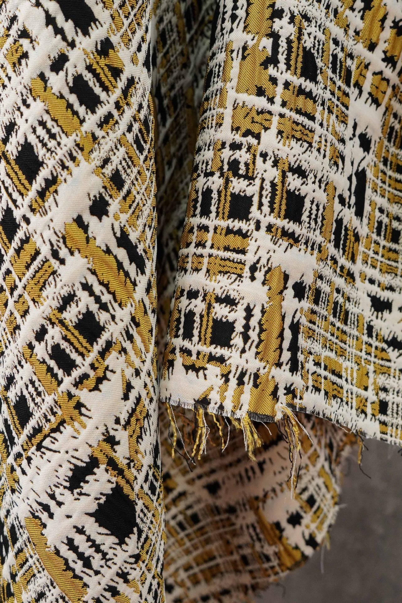 Vintage Chanel Style Jacquard Fabric, 3D Embossed Tweed Check Textile, Black Gold White Woven Fabric, Luxury Fashion Upholstery Material
