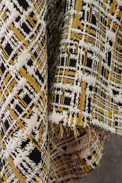 Vintage Chanel Style Jacquard Fabric, 3D Embossed Tweed Check Textile, Black Gold White Woven Fabric, Luxury Fashion Upholstery Material
