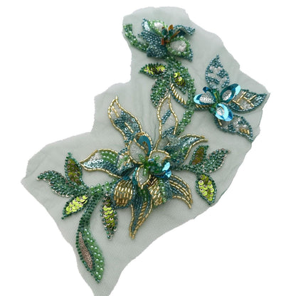 Hand Beaded Floral Applique, 3D Sequin Embroidery Patch, Crystal Rhinestone Trim for Wedding Dress, Couture Fashion DIY