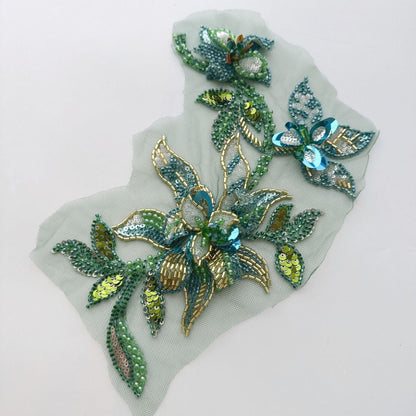 Hand Beaded Floral Applique, 3D Sequin Embroidery Patch, Crystal Rhinestone Trim for Wedding Dress, Couture Fashion DIY