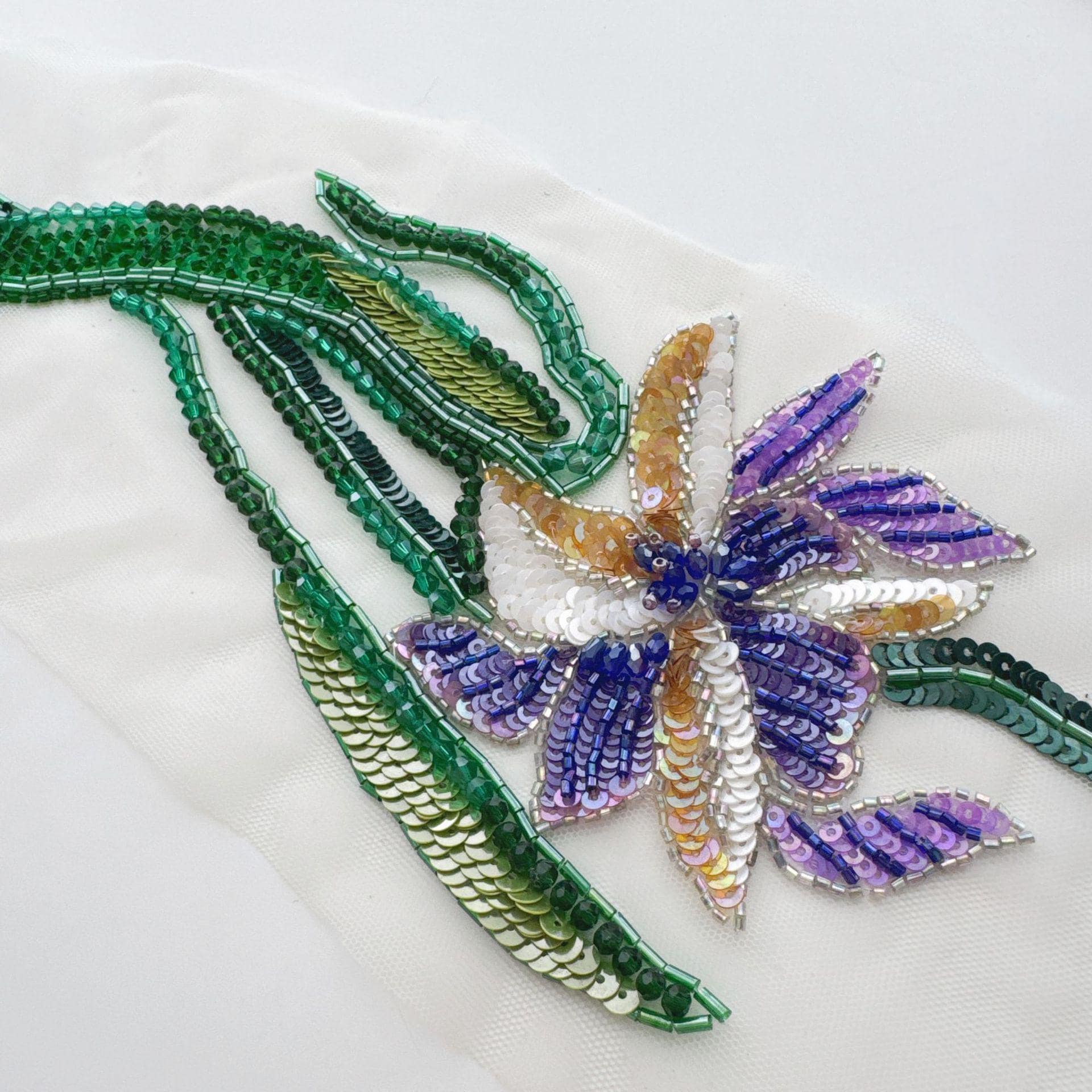 3D Floral Sequin Applique, Hand Beaded Leaf Embroidery Patch, Green Botanical Trim for Dress DIY Fashion Sewing