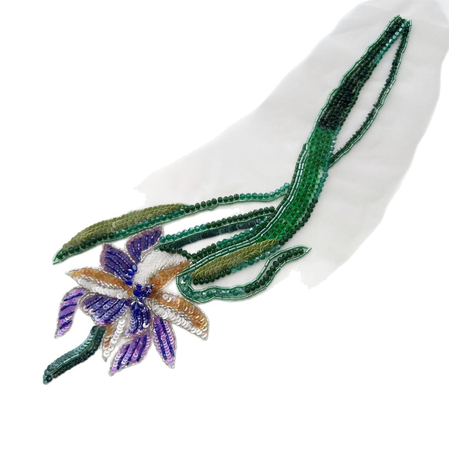3D Floral Sequin Applique, Hand Beaded Leaf Embroidery Patch, Green Botanical Trim for Dress DIY Fashion Sewing