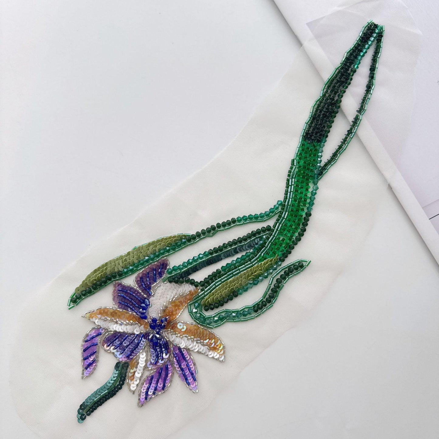 3D Floral Sequin Applique, Hand Beaded Leaf Embroidery Patch, Green Botanical Trim for Dress DIY Fashion Sewing