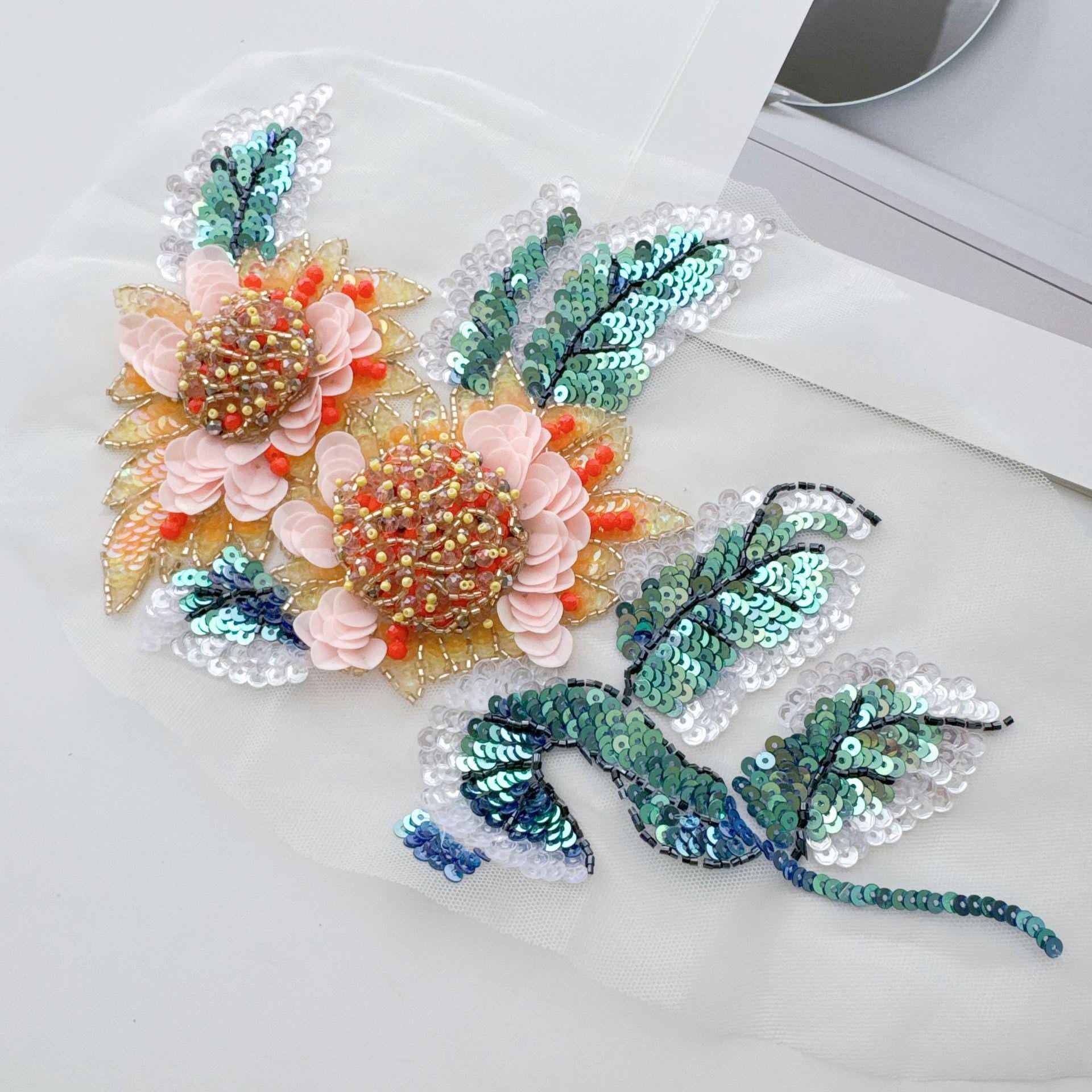 Sunflower Butterfly Sequin Applique, Hand Beaded 3D Floral Mesh Trim for Dress, Stagewear and Sewing DIY