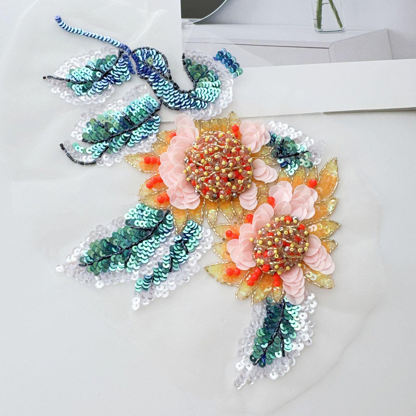 Sunflower Butterfly Sequin Applique, Hand Beaded 3D Floral Mesh Trim for Dress, Stagewear and Sewing DIY