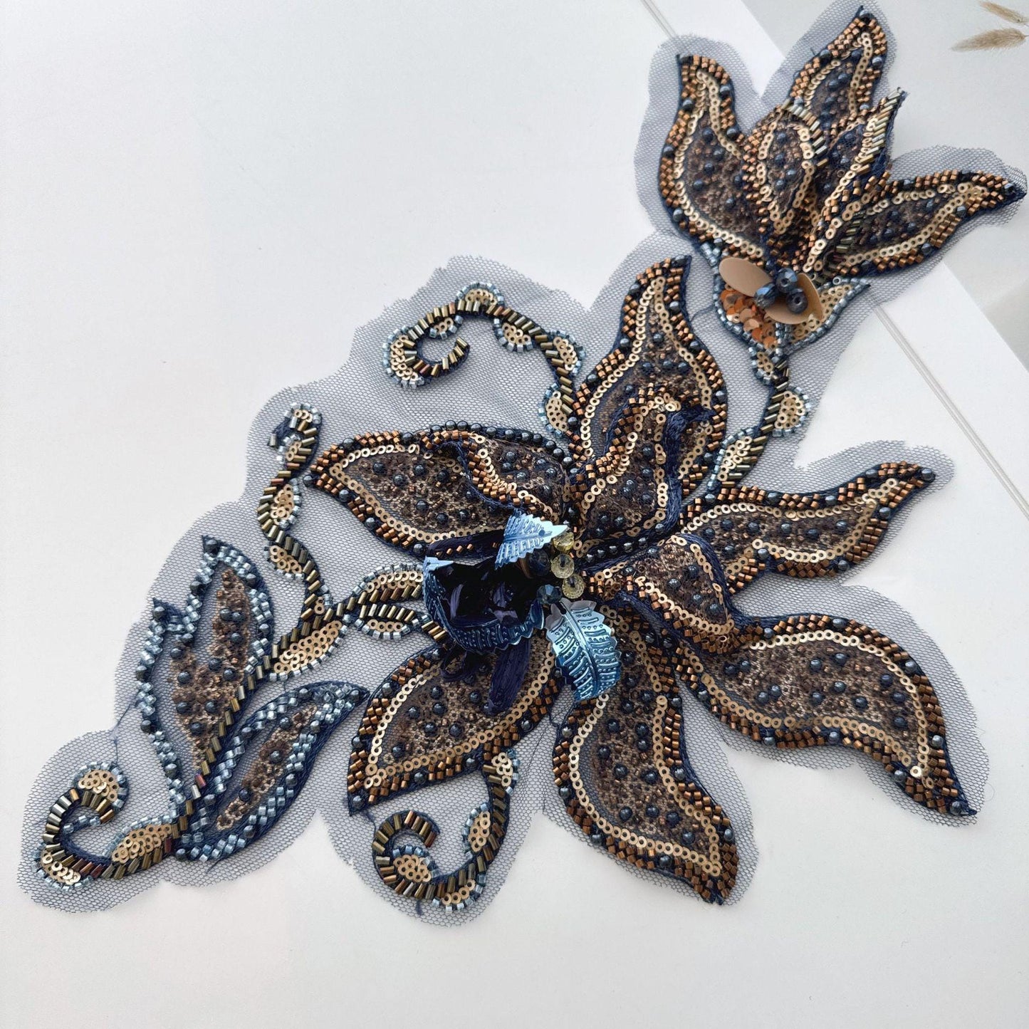 Navy Gold Floral Sequin Applique, Hand Beaded Mesh Patch, 3D Embroidered Trim for Stage Costume Dress Sewing DIY