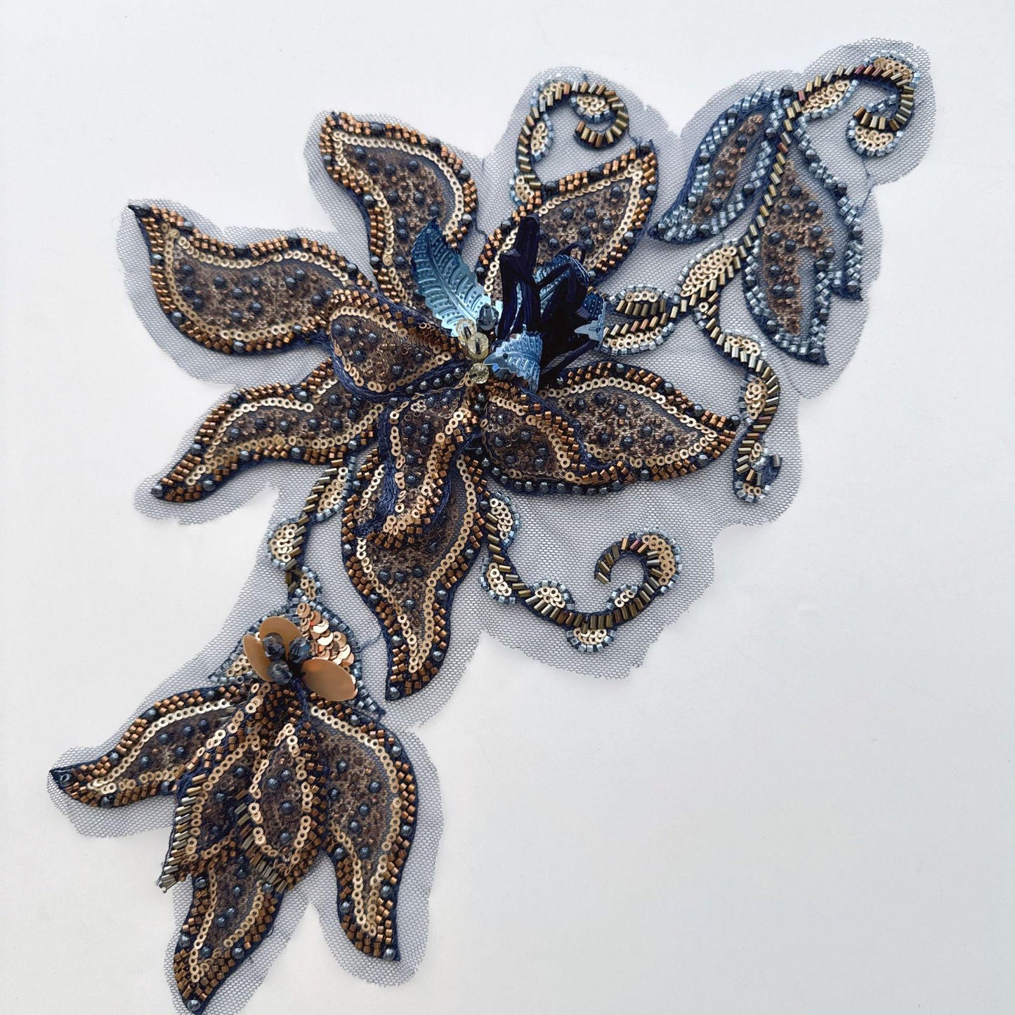 Navy Gold Floral Sequin Applique, Hand Beaded Mesh Patch, 3D Embroidered Trim for Stage Costume Dress Sewing DIY