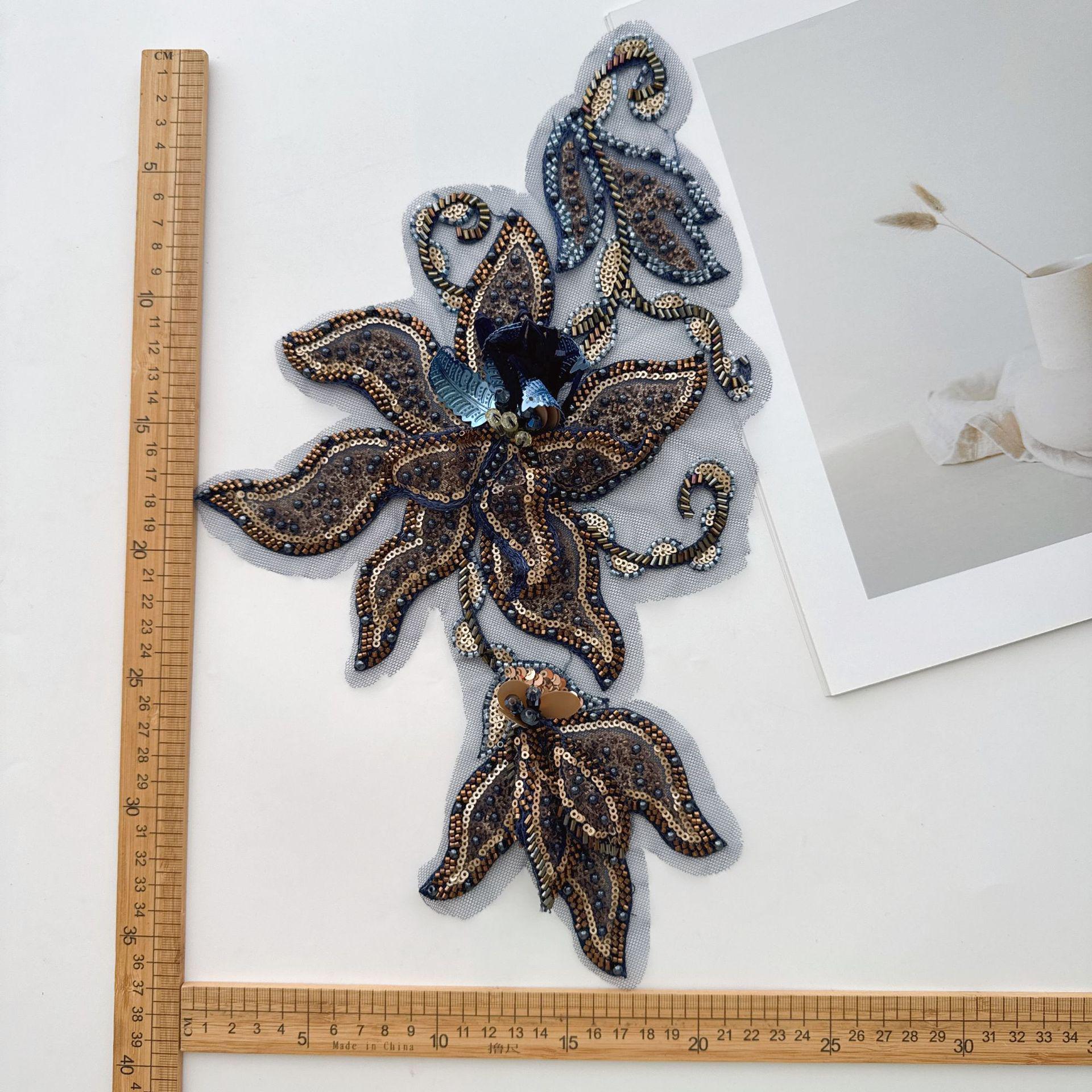 Navy Gold Floral Sequin Applique, Hand Beaded Mesh Patch, 3D Embroidered Trim for Stage Costume Dress Sewing DIY