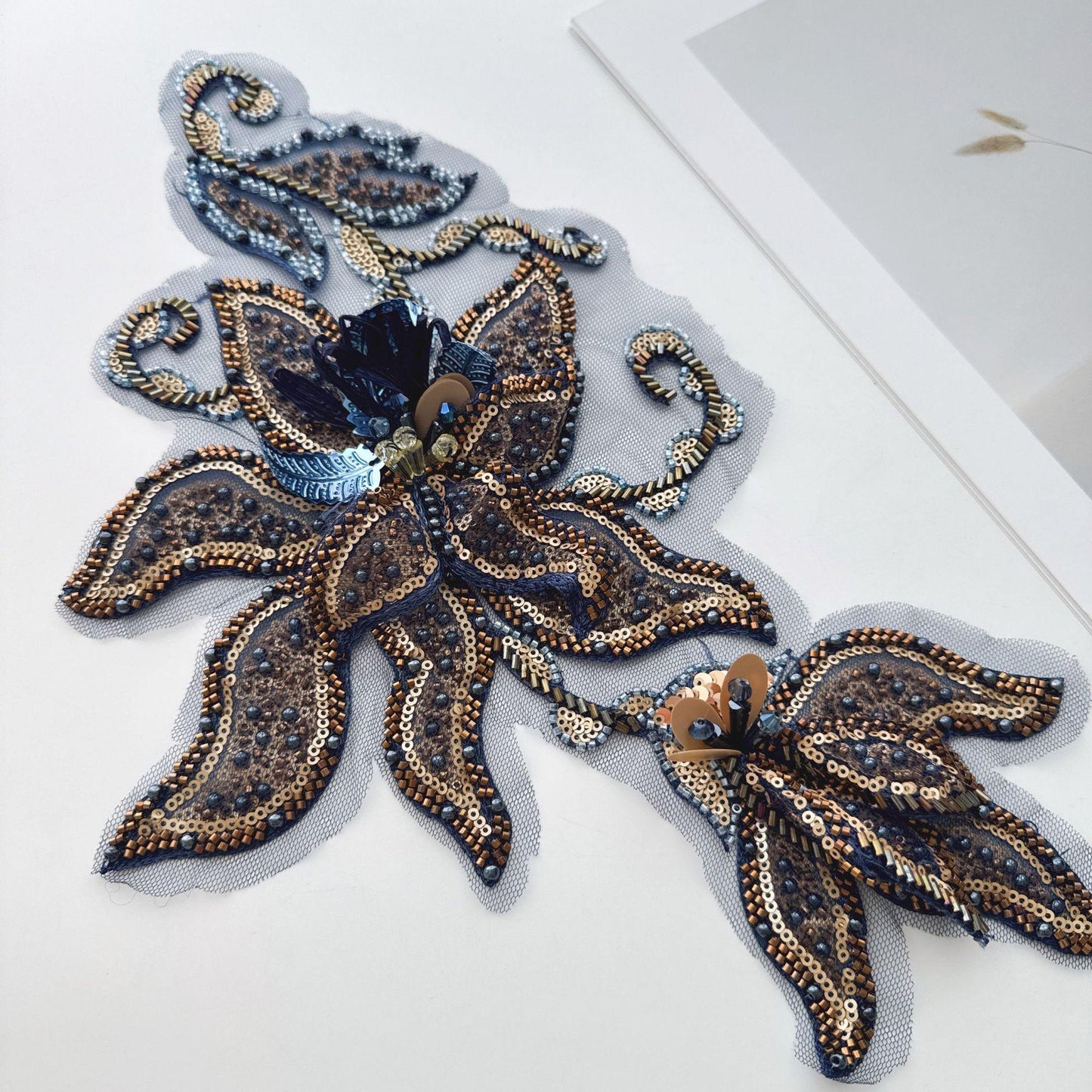 Navy Gold Floral Sequin Applique, Hand Beaded Mesh Patch, 3D Embroidered Trim for Stage Costume Dress Sewing DIY
