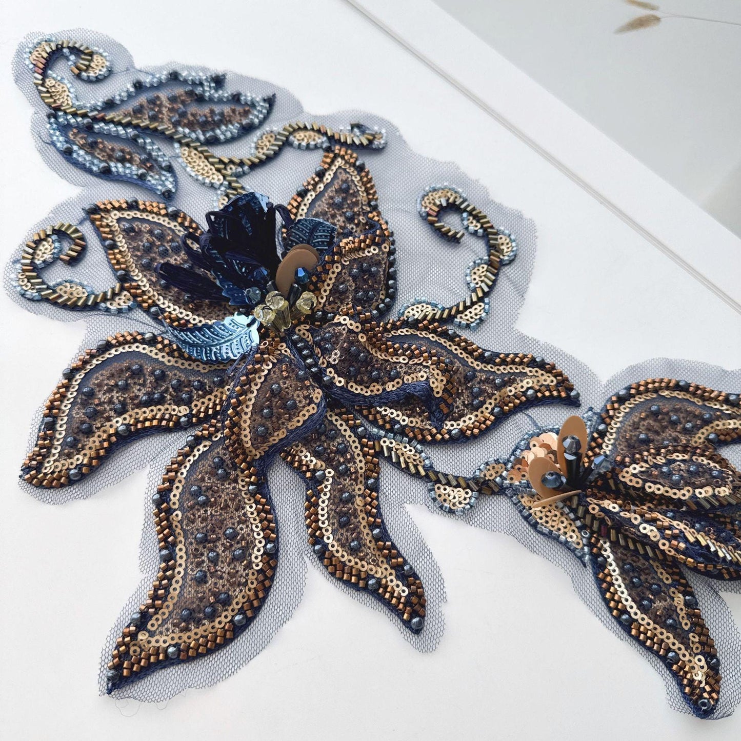 Navy Gold Floral Sequin Applique, Hand Beaded Mesh Patch, 3D Embroidered Trim for Stage Costume Dress Sewing DIY