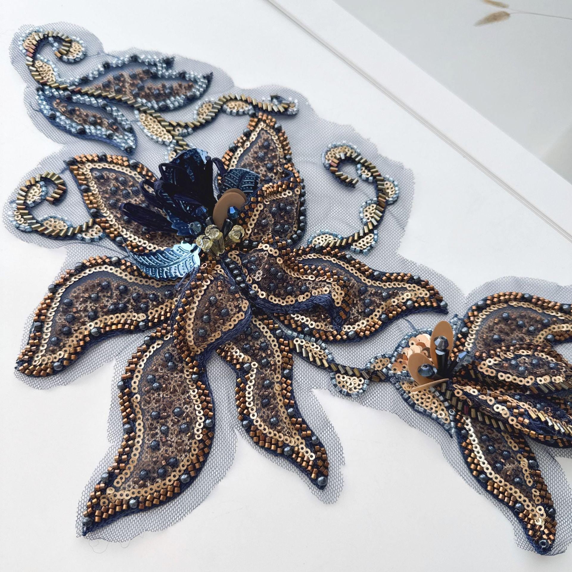 Navy Gold Floral Sequin Applique, Hand Beaded Mesh Patch, 3D Embroidered Trim for Stage Costume Dress Sewing DIY