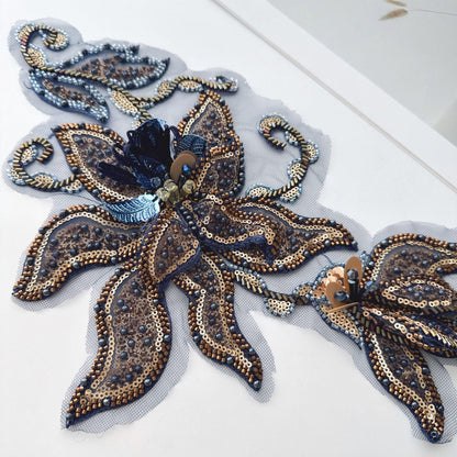 Navy Gold Floral Sequin Applique, Hand Beaded Mesh Patch, 3D Embroidered Trim for Stage Costume Dress Sewing DIY