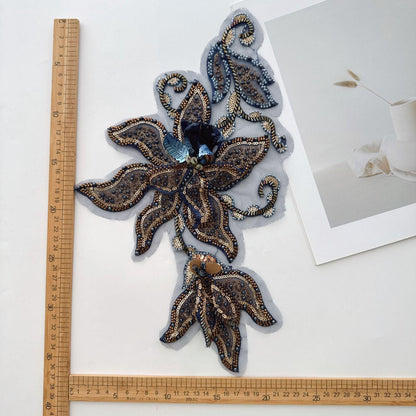 Navy Gold Floral Sequin Applique, Hand Beaded Mesh Patch, 3D Embroidered Trim for Stage Costume Dress Sewing DIY
