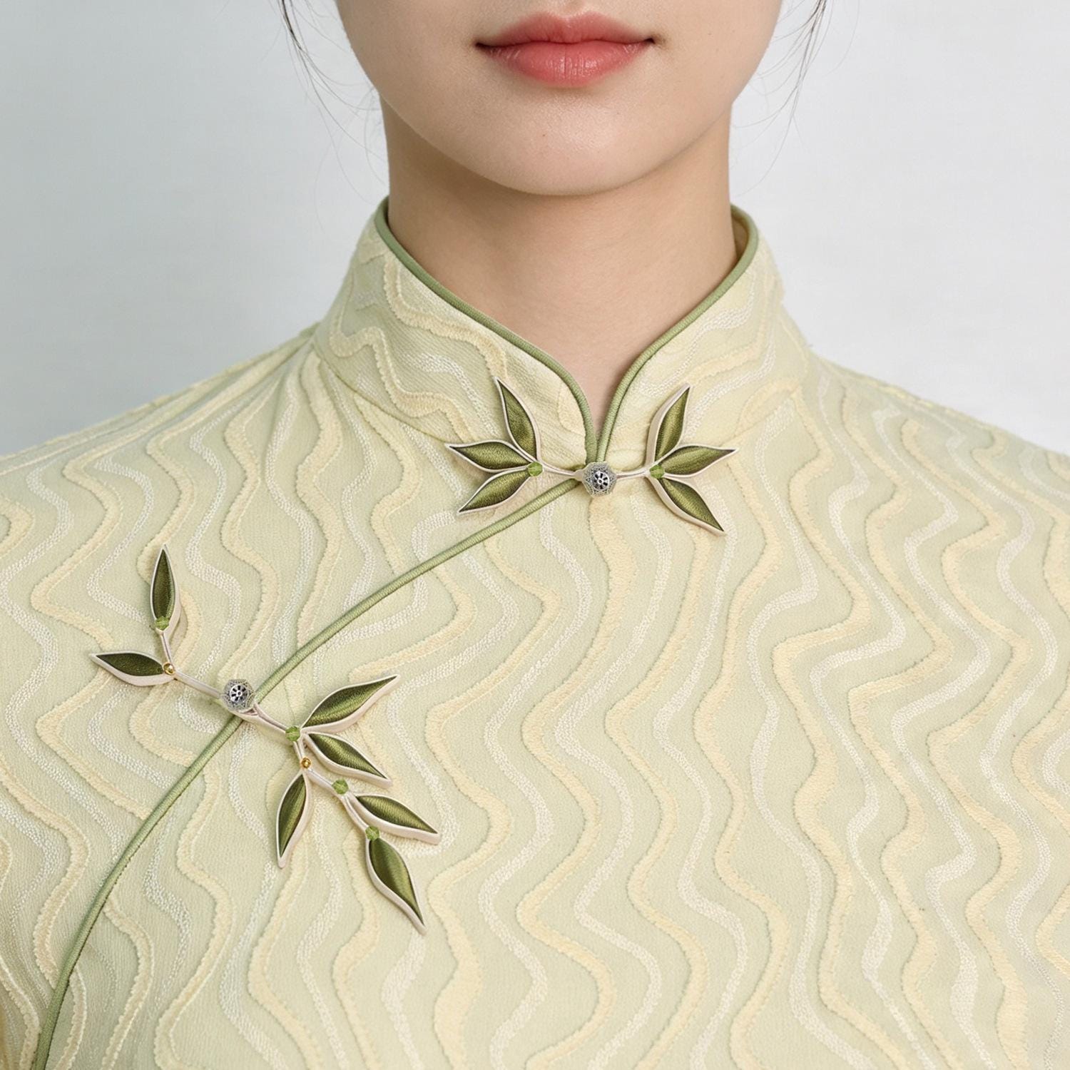Bamboo Leaf Frog Button, Chinese Qipao Cheongsam Closure, Green Fabric Knot Fastener, Hanfu Garment Sewing Trim