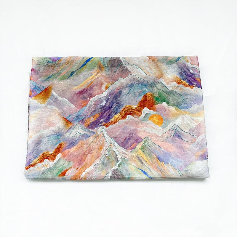 Digital Print Cotton Fabric, Watercolor Mountain Landscape Textile, Fabric for Dressmaking, Sewing, DIY Crafts, Costume, Scarf (59"W)