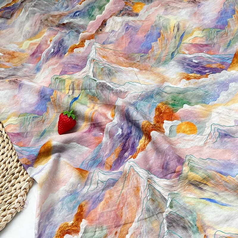 Digital Print Cotton Fabric, Watercolor Mountain Landscape Textile, Fabric for Dressmaking, Sewing, DIY Crafts, Costume, Scarf (59"W)