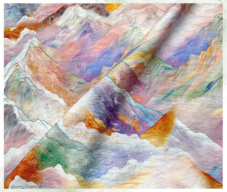 Digital Print Cotton Fabric, Watercolor Mountain Landscape Textile, Fabric for Dressmaking, Sewing, DIY Crafts, Costume, Scarf (59"W)