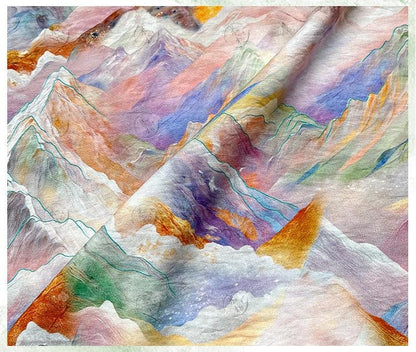 Digital Print Cotton Fabric, Watercolor Mountain Landscape Textile, Fabric for Dressmaking, Sewing, DIY Crafts, Costume, Scarf (59"W)