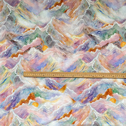 Digital Print Cotton Fabric, Watercolor Mountain Landscape Textile, Fabric for Dressmaking, Sewing, DIY Crafts, Costume, Scarf (59"W)