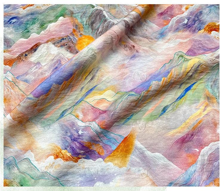 Digital Print Cotton Fabric, Watercolor Mountain Landscape Textile, Fabric for Dressmaking, Sewing, DIY Crafts, Costume, Scarf (59"W)