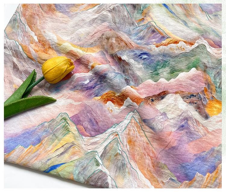 Digital Print Cotton Fabric, Watercolor Mountain Landscape Textile, Fabric for Dressmaking, Sewing, DIY Crafts, Costume, Scarf (59"W)