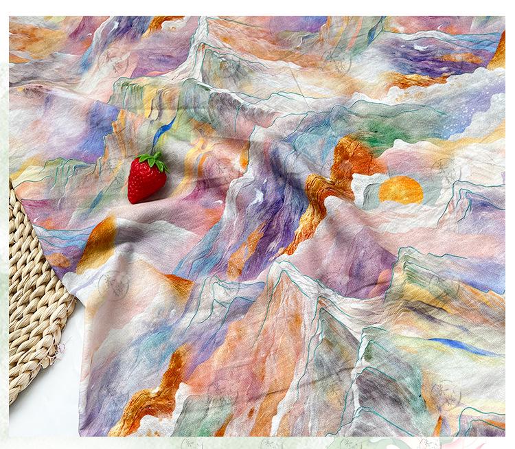 Digital Print Cotton Fabric, Watercolor Mountain Landscape Textile, Fabric for Dressmaking, Sewing, DIY Crafts, Costume, Scarf (59"W)
