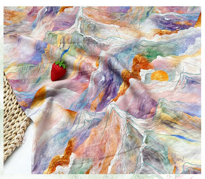 Digital Print Cotton Fabric, Watercolor Mountain Landscape Textile, Fabric for Dressmaking, Sewing, DIY Crafts, Costume, Scarf (59"W)