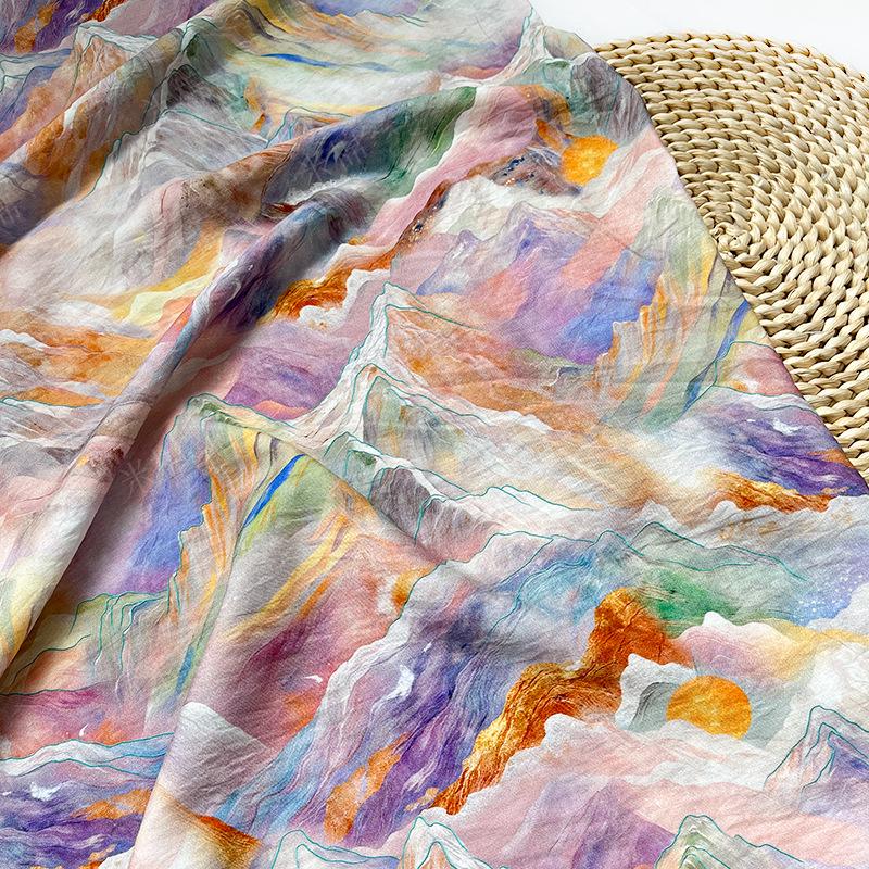 Digital Print Cotton Fabric, Watercolor Mountain Landscape Textile, Fabric for Dressmaking, Sewing, DIY Crafts, Costume, Scarf (59"W)
