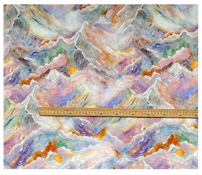 Digital Print Cotton Fabric, Watercolor Mountain Landscape Textile, Fabric for Dressmaking, Sewing, DIY Crafts, Costume, Scarf (59"W)