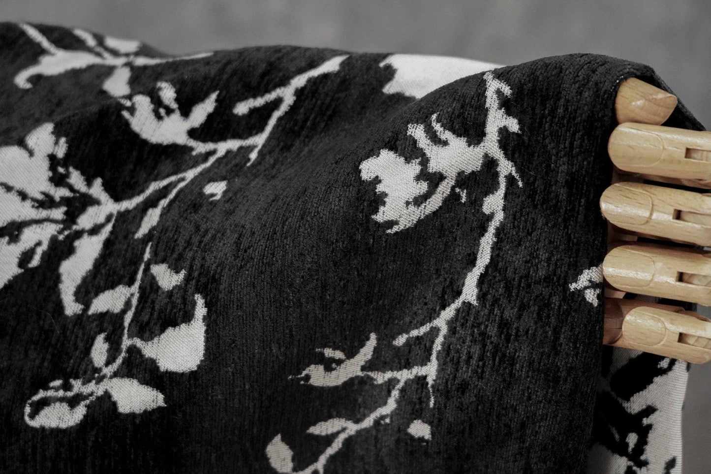 Black White Chenille Floral Vine Fabric, Woven Botanical Upholstery Fabric for Sofa, Curtains, Furniture Decor by the Yard