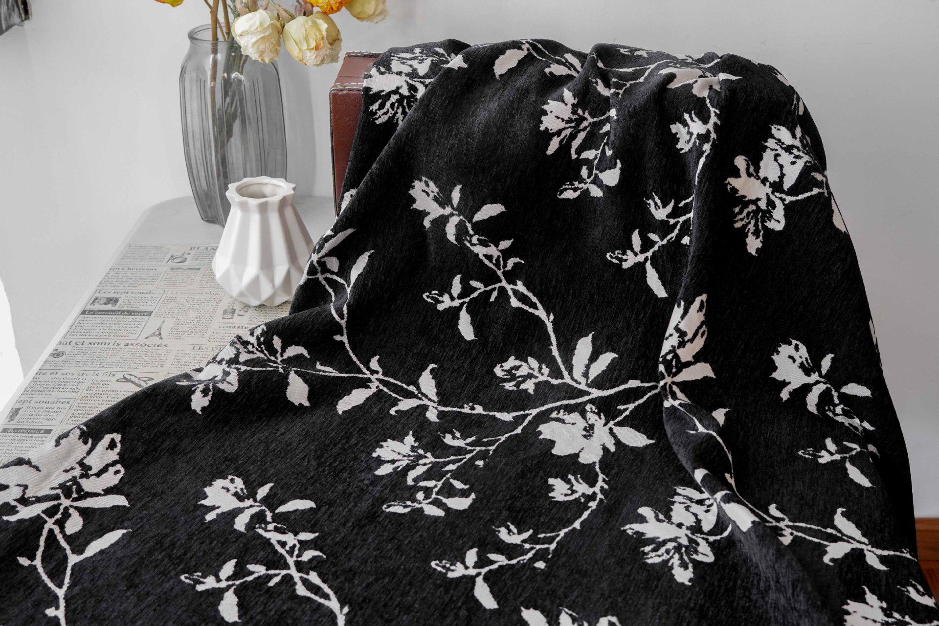 Black White Chenille Floral Vine Fabric, Woven Botanical Upholstery Fabric for Sofa, Curtains, Furniture Decor by the Yard