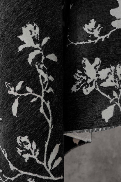 Black White Chenille Floral Vine Fabric, Woven Botanical Upholstery Fabric for Sofa, Curtains, Furniture Decor by the Yard