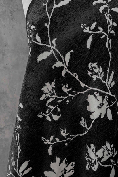 Black White Chenille Floral Vine Fabric, Woven Botanical Upholstery Fabric for Sofa, Curtains, Furniture Decor by the Yard