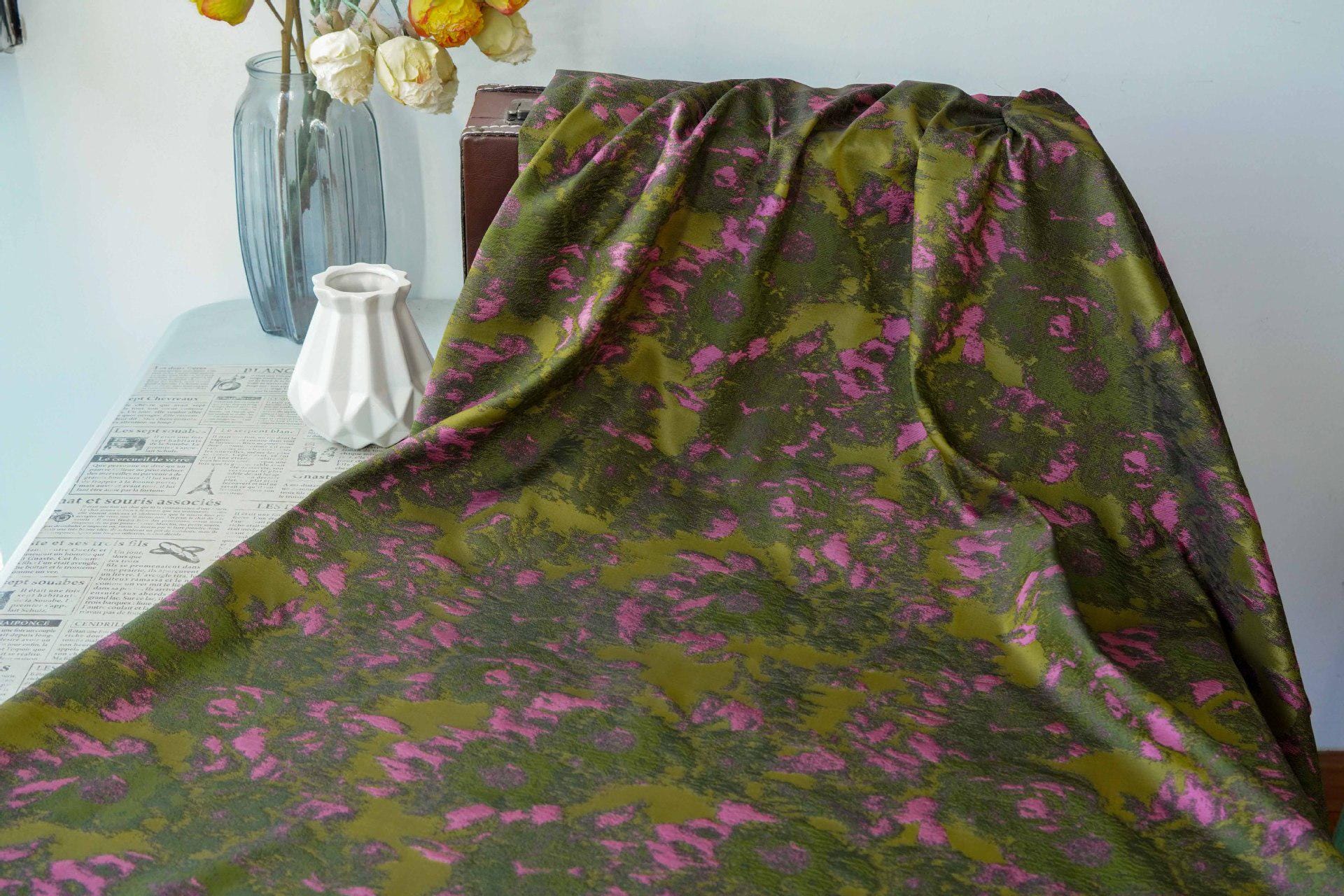 Pink Green Abstract Jacquard Fabric, Painterly Floral Upholstery Fabric, Olive Green Woven Fabric for Chairs, Curtains by the Yard, 63"W