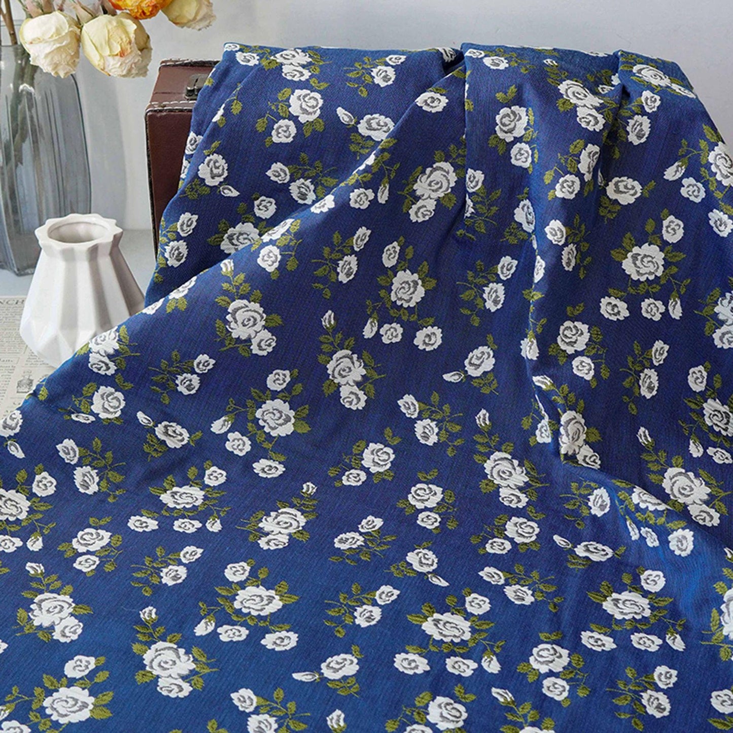 Navy Blue White Rose Jacquard Fabric, Ditsy Floral Woven Fabric, French Country Cottage Fabric for Dresses, Curtains by the Yard, 55"W