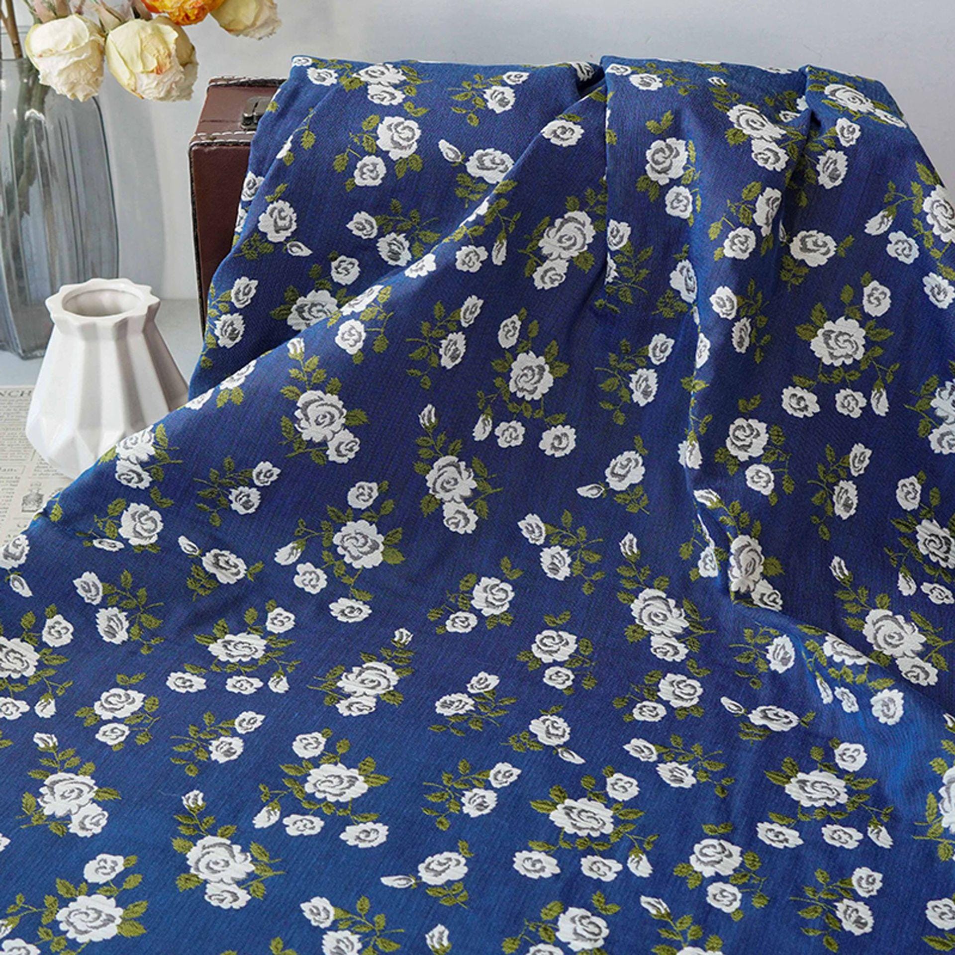 Navy Blue White Rose Jacquard Fabric, Ditsy Floral Woven Fabric, French Country Cottage Fabric for Dresses, Curtains by the Yard, 55"W