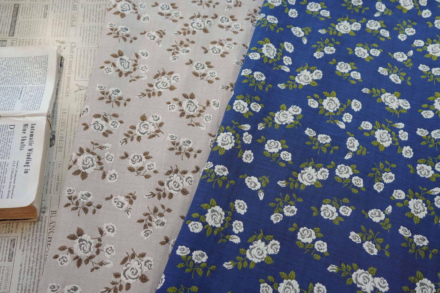 Navy Blue White Rose Jacquard Fabric, Ditsy Floral Woven Fabric, French Country Cottage Fabric for Dresses, Curtains by the Yard, 55"W