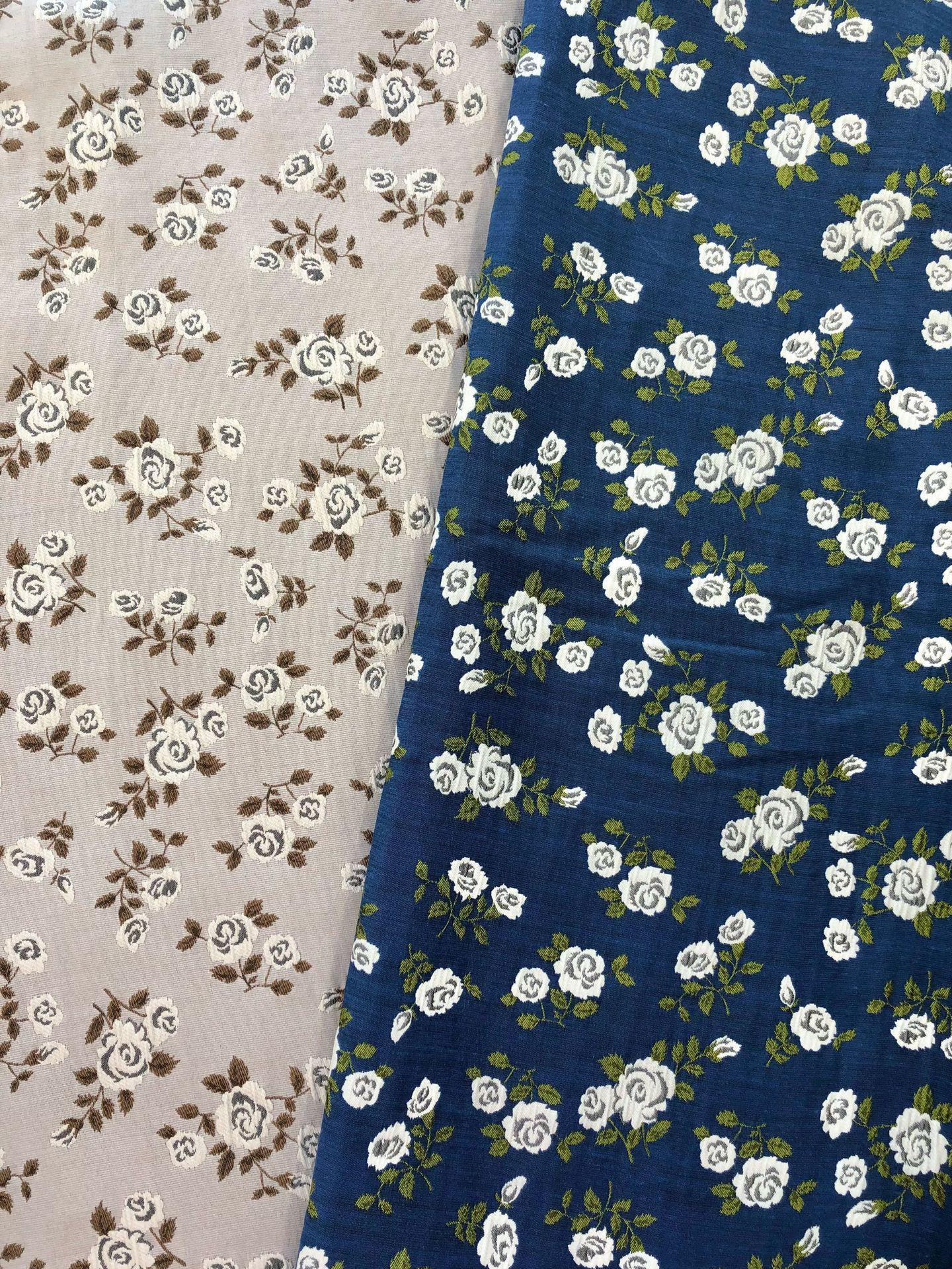 Navy Blue White Rose Jacquard Fabric, Ditsy Floral Woven Fabric, French Country Cottage Fabric for Dresses, Curtains by the Yard, 55"W