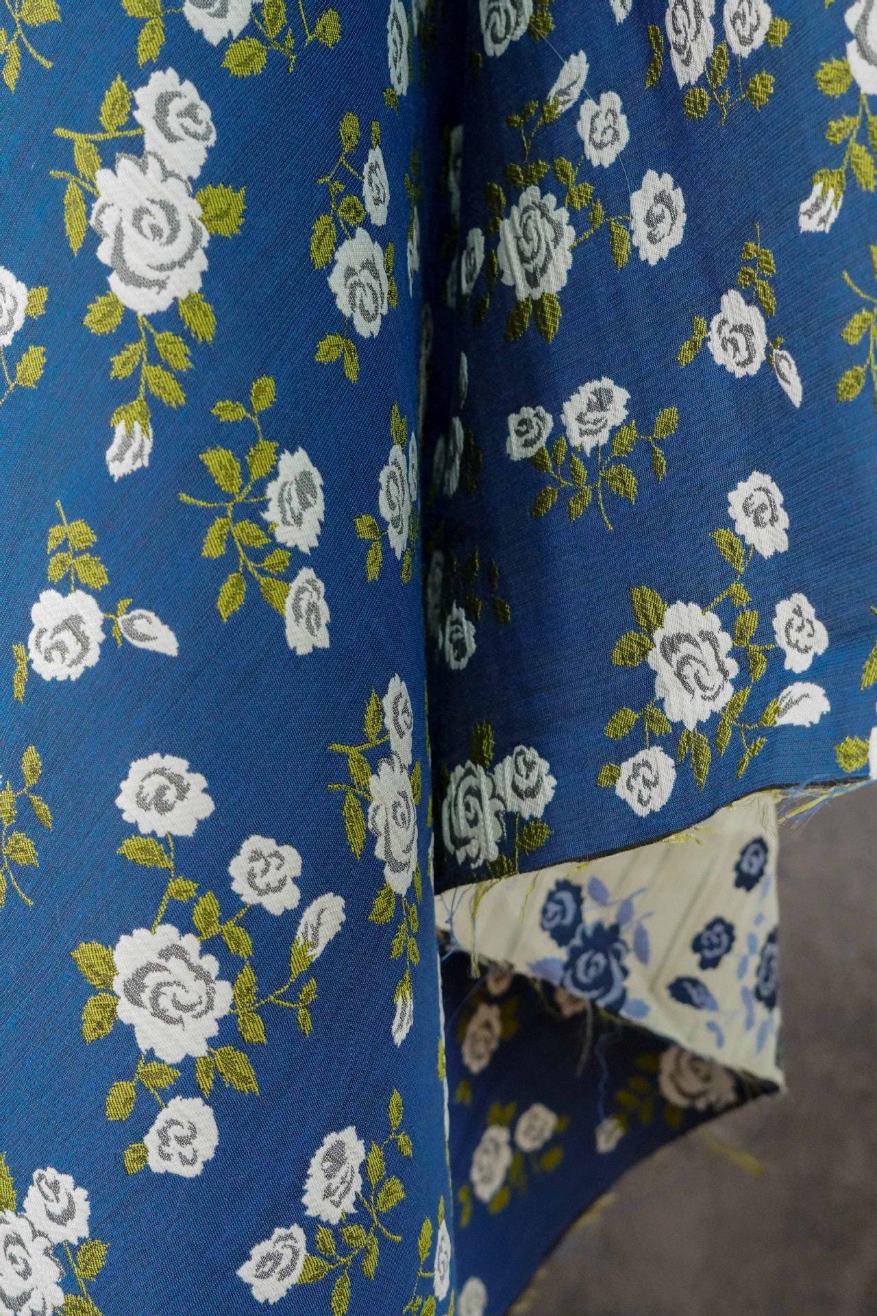 Navy Blue White Rose Jacquard Fabric, Ditsy Floral Woven Fabric, French Country Cottage Fabric for Dresses, Curtains by the Yard, 55"W