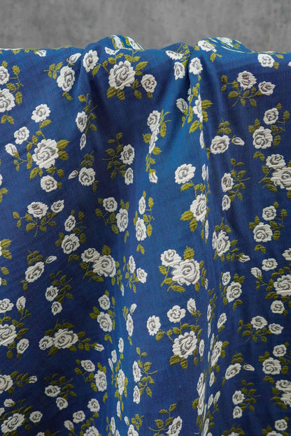 Navy Blue White Rose Jacquard Fabric, Ditsy Floral Woven Fabric, French Country Cottage Fabric for Dresses, Curtains by the Yard, 55"W