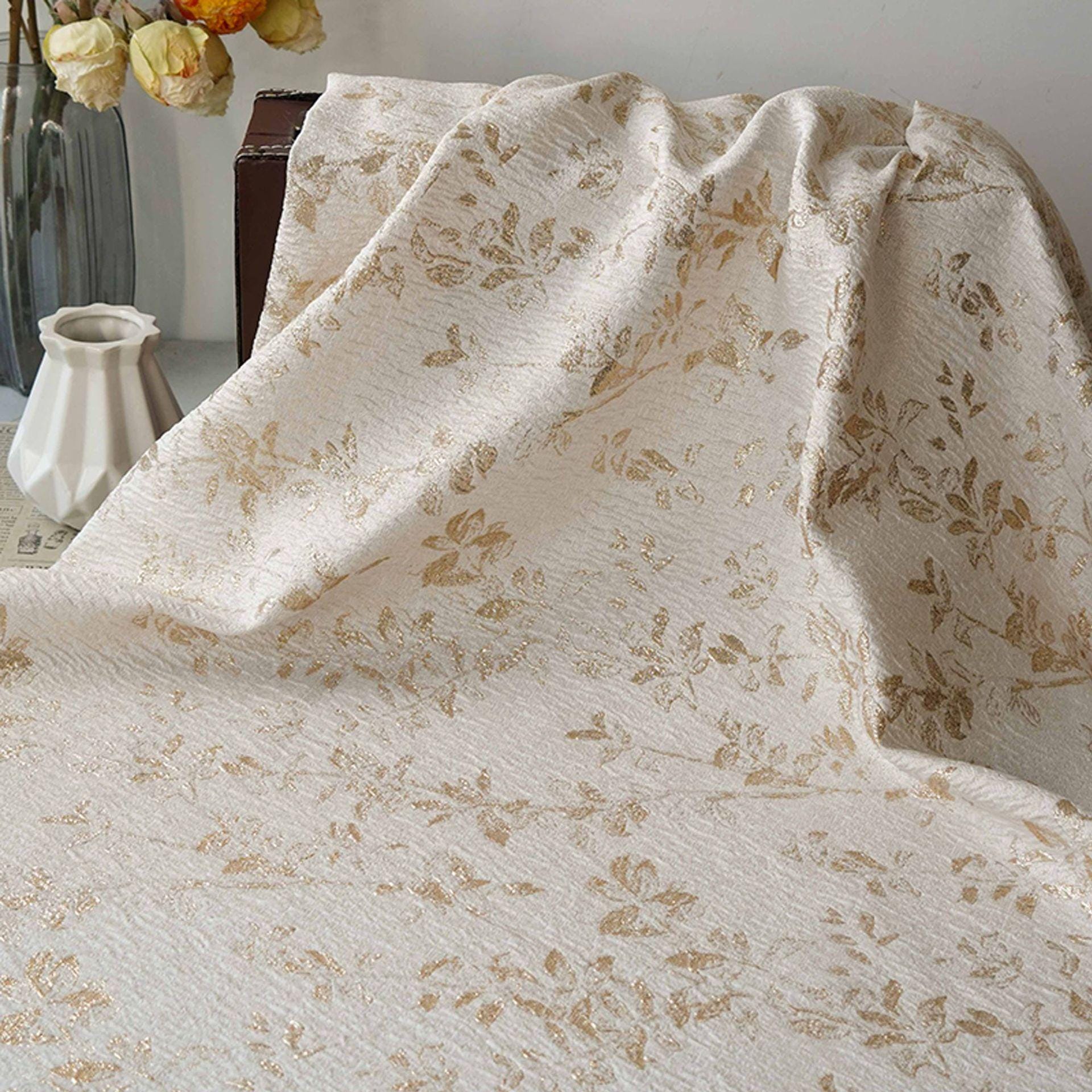 Ivory Gold 3D Embossed Floral Jacquard Fabric, Crinkle Texture Metallic Thread Fabric for Dresses, Bridal, Home Decor by the Yard, 55"Wide