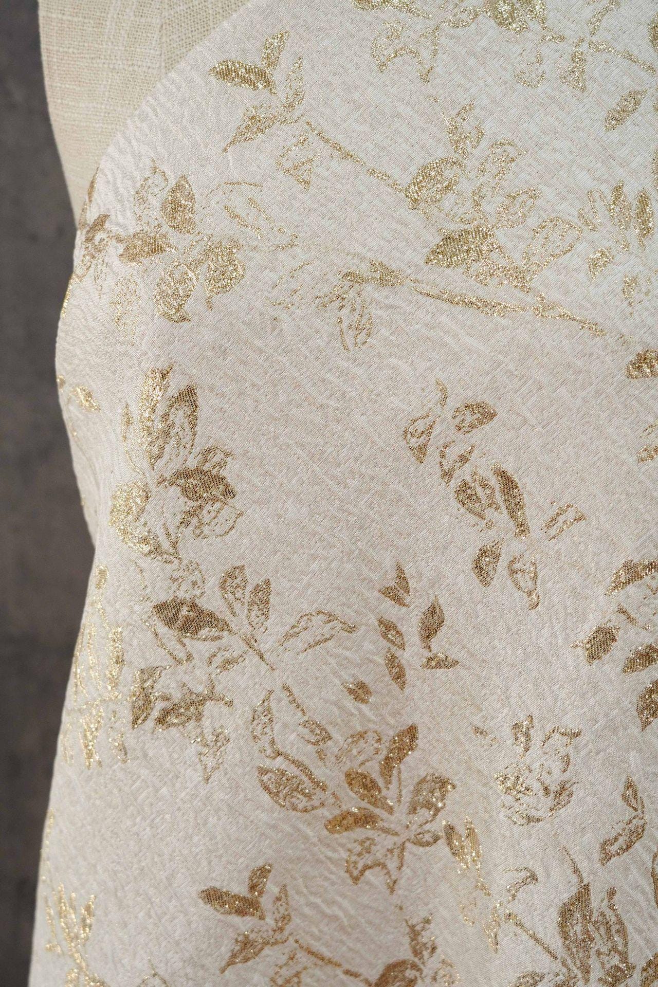 Ivory Gold 3D Embossed Floral Jacquard Fabric, Crinkle Texture Metallic Thread Fabric for Dresses, Bridal, Home Decor by the Yard, 55"Wide