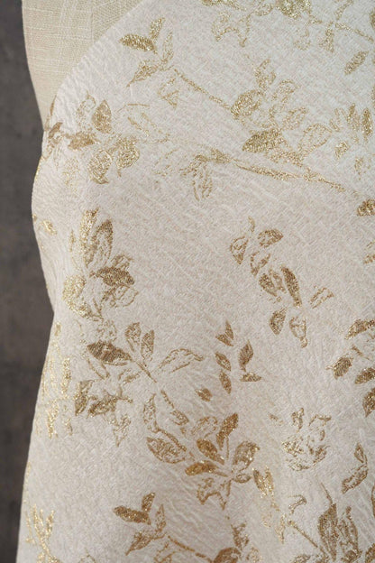 Ivory Gold 3D Embossed Floral Jacquard Fabric, Crinkle Texture Metallic Thread Fabric for Dresses, Bridal, Home Decor by the Yard, 55"Wide